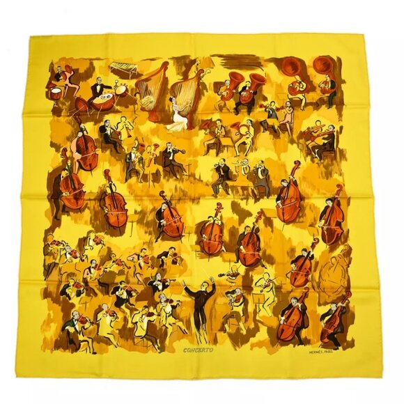 Hermes Scarf Carre 90 CONCERTO Yellow Small Good - Picture 1 of 3